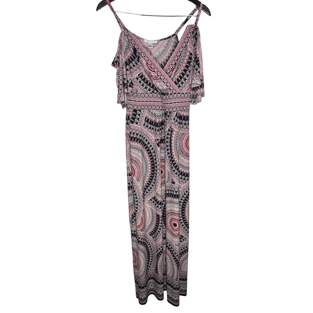 London Style Collection Maxi Dress 4 Pink Black Cold Shoulder Mandala Print Boho